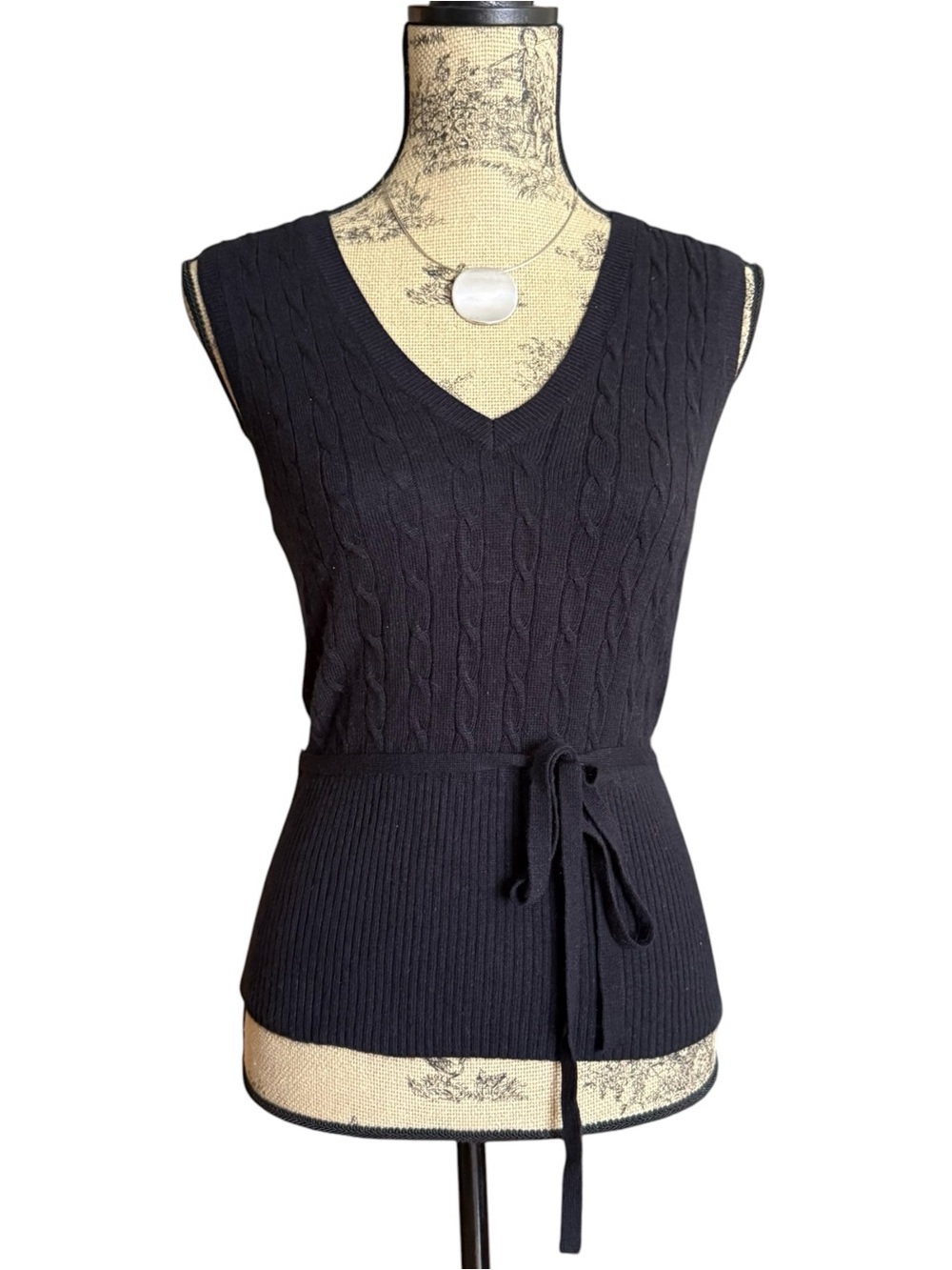 Y2K Costa Blanca Black V-Neck Cable Knit Tie-Waist Sweater Vest Size L